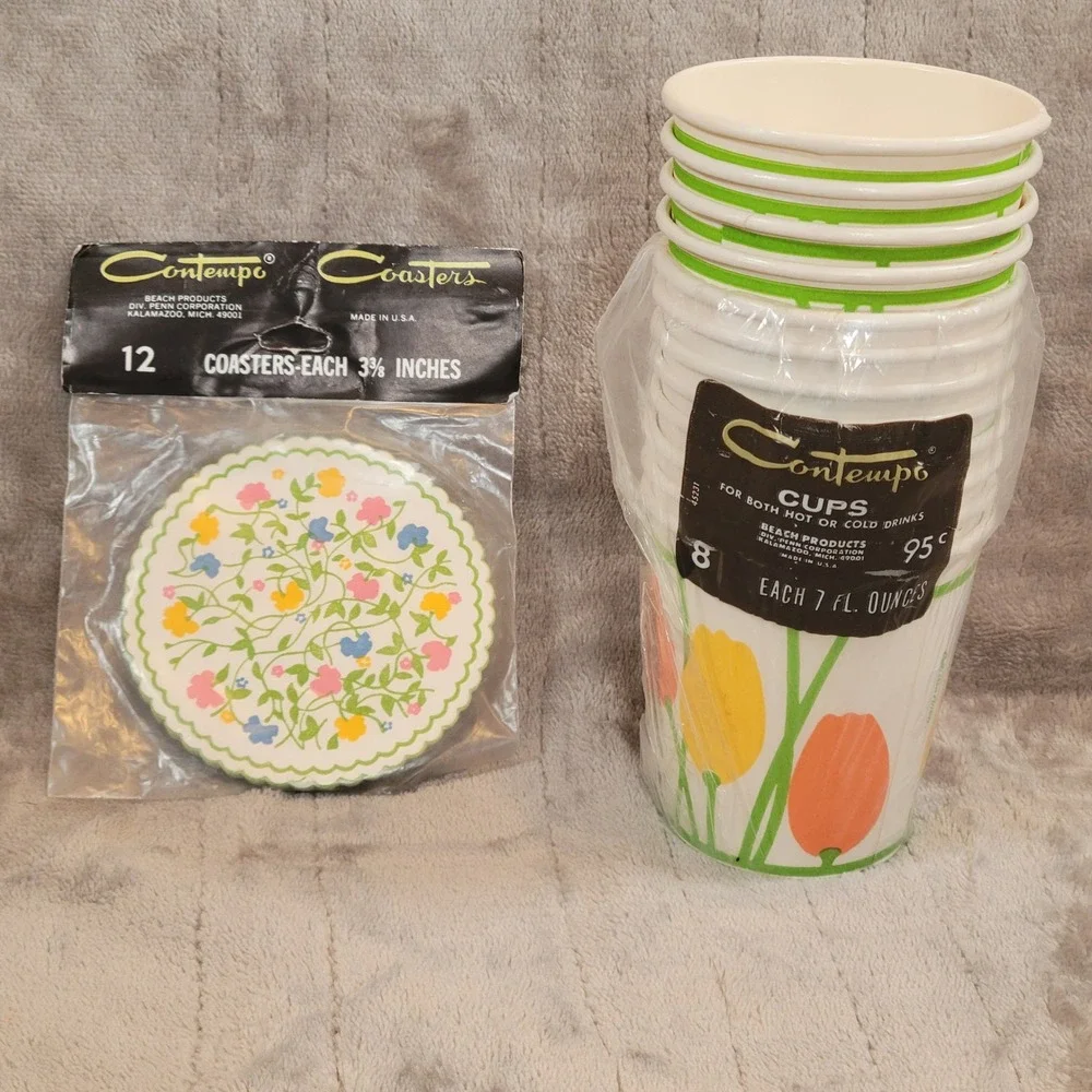 Contempo 12 Paper Cups and 12 Coasters Set VTG Floral Tulip Orange‎ Yellow USA